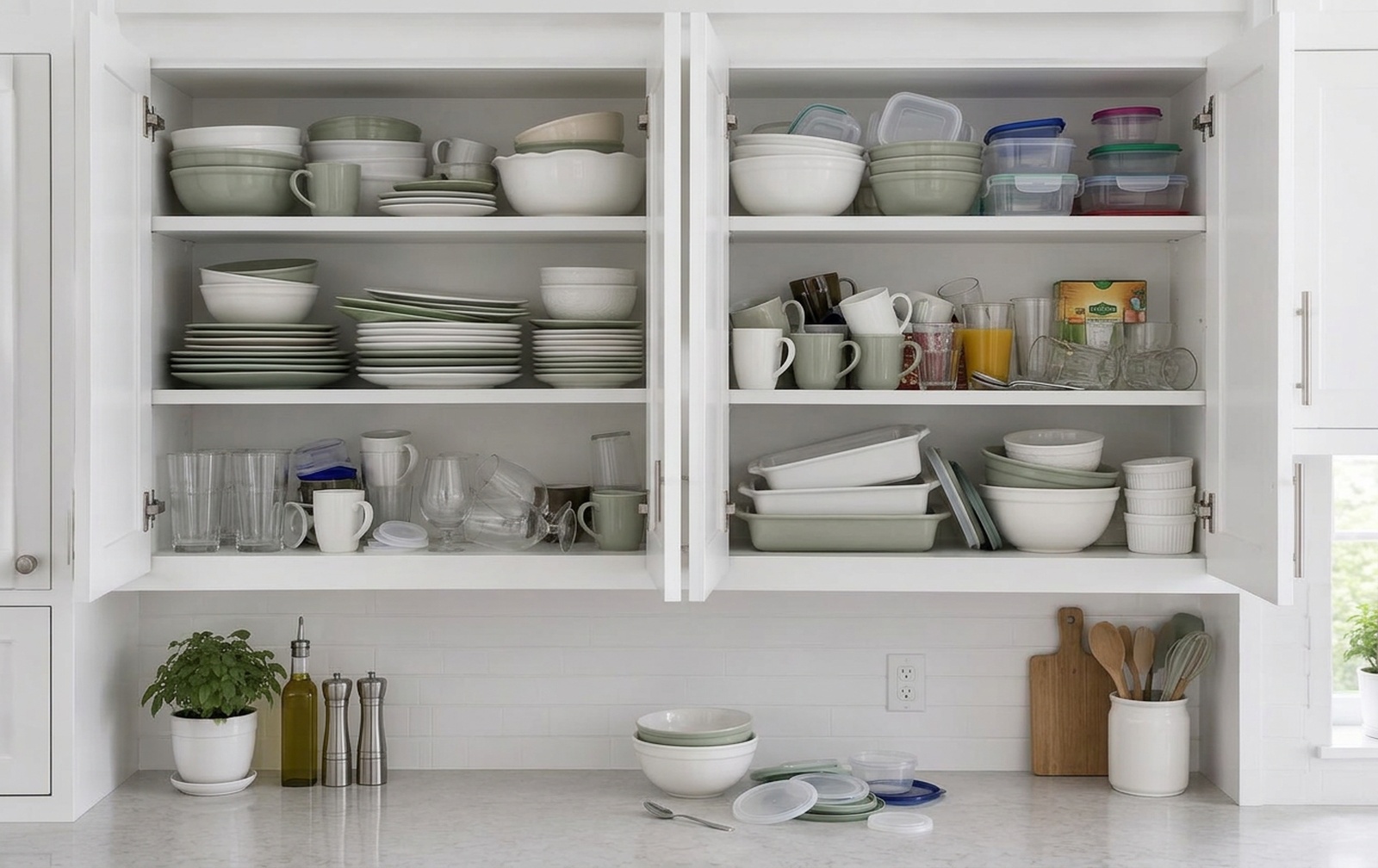 Kitchen Cabinets & Dishware before organizing