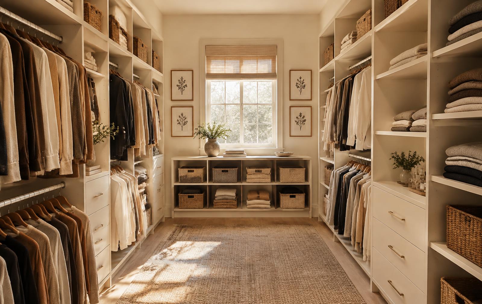 Beautifully organized walk-in closet in warm cream tones