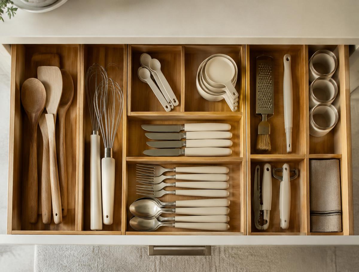 Neatly organized kitchen drawer with bamboo dividers