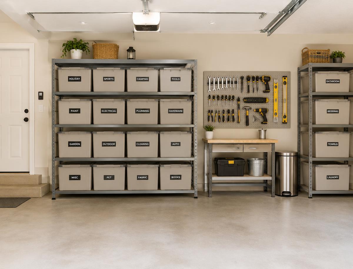 Organized garage with labeled storage bins and a tool wall