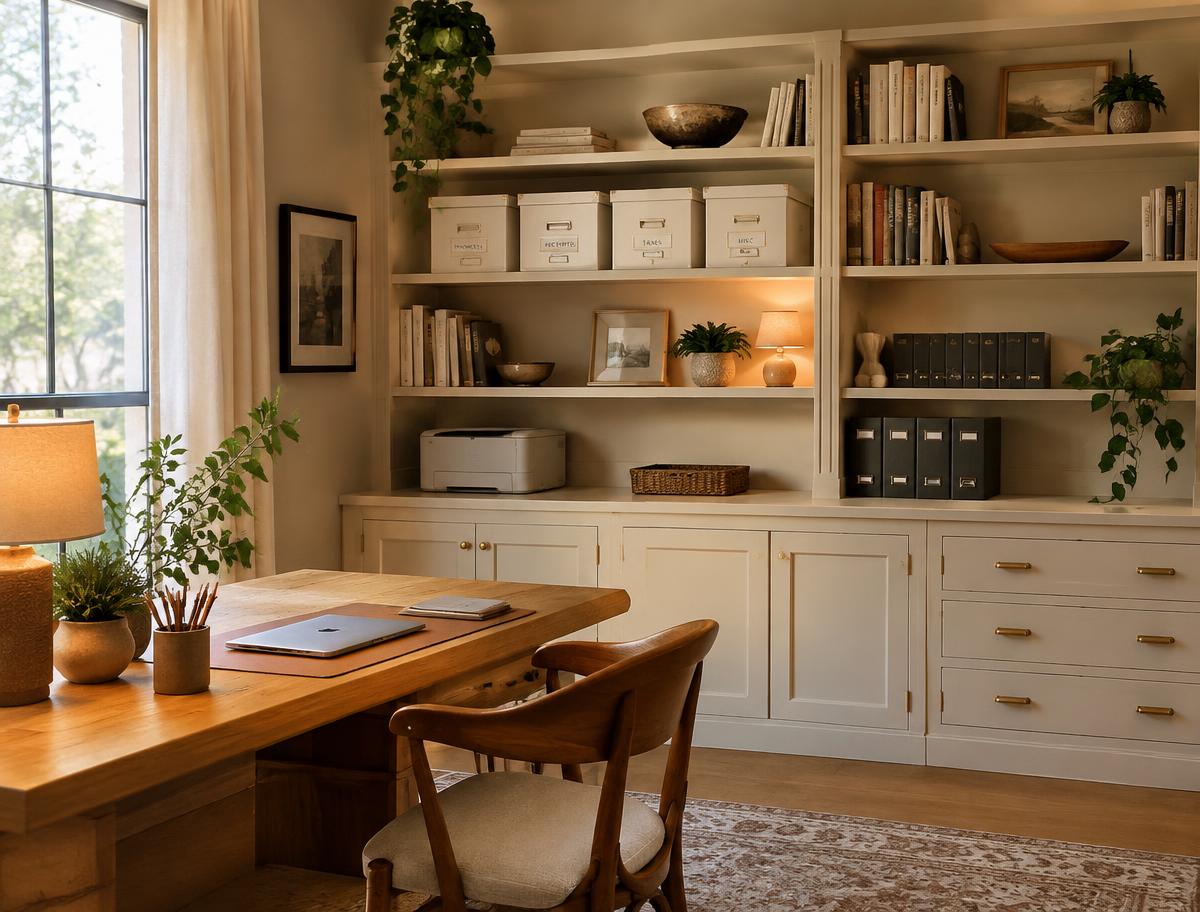 Organized home office with cream built-in shelves and labeled boxes