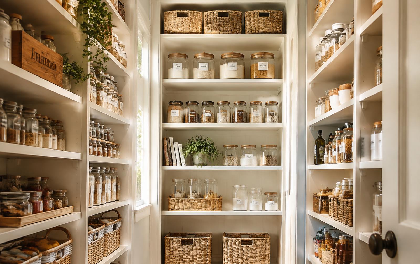 Organized pantry with labeled glass jars